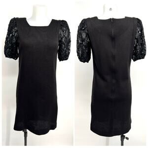 Vtg 60s Sequin Puff Sleeve Knit Dress Sz 6 Black Leslie Fay MCM USA Union Made
